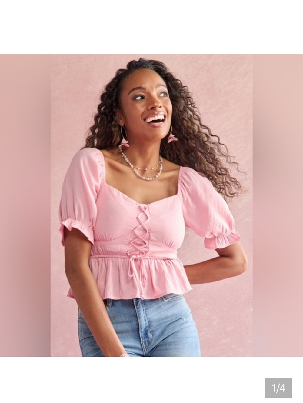 Francesca's | Marisa Light Pink Lace-up Front Short Sleeve Blouse - Size S - NWT